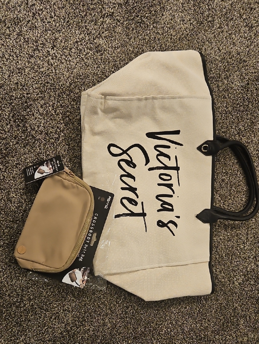 Victoria's Secret Cream Canvas Tote with Black Script and Tan Pouch